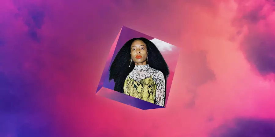 The artist Jenn Nkiru against a pastel purple cloud background