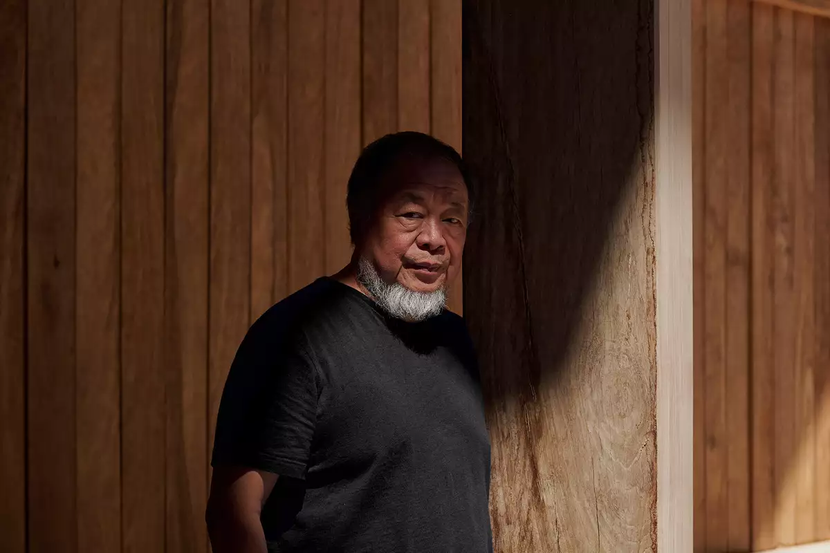 Ai Weiwei wearing a black t-shirt, stood in front of a wooden backdrop. There is a shadow across his face.