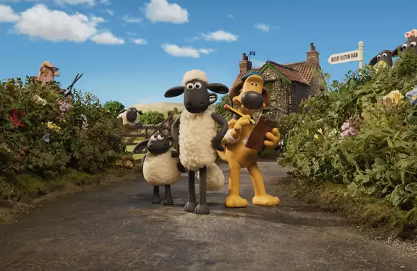 Shaun the Sheep, Bitzer and Timmy outside Mossy Bottom Farm