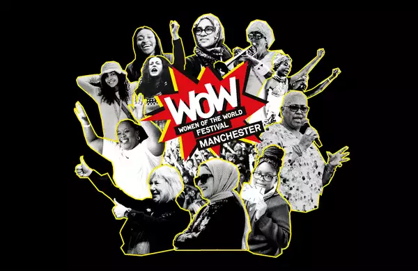 Collage of speakers at WOW festival with 'WOW - Women of the World Manchester' logo in the middle