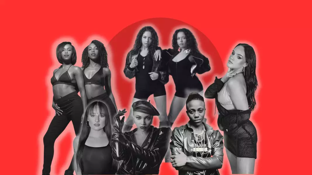 Collage of eight dancers in black-and-white with a red background posing confidently