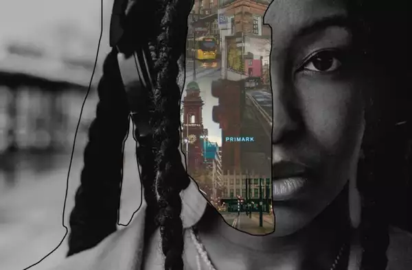 Headshot of a woman with images overlaid on top