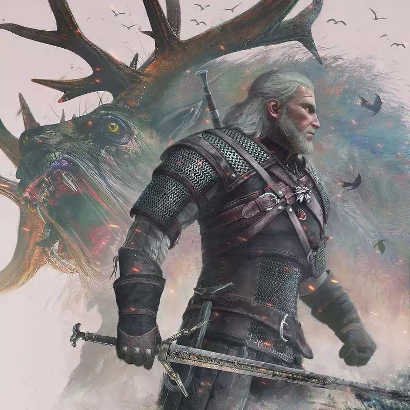 A still from The Witcher, showing a white-haired protagonist wielding a sword and wearing armour, with a  monster featuring antlers and sharp teeth in the background.
