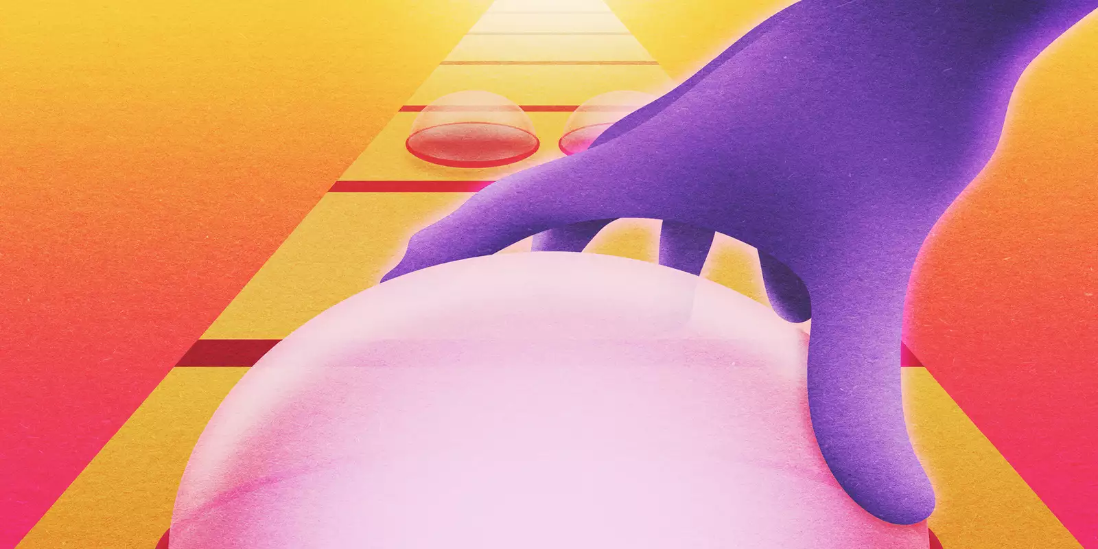 Illustration of a purple hand pressing a button on a conveyer belt – on a yellow and pink gradient background