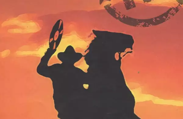Silhouette of a person in a cowboy hat riding a bucking horse, holding up a vinyl record against an orange sunset sky with scattered clouds and a faded circular stamp.