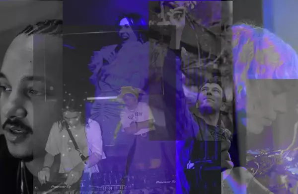A collage of the performers at FLUFF overlaid with a blue filter
