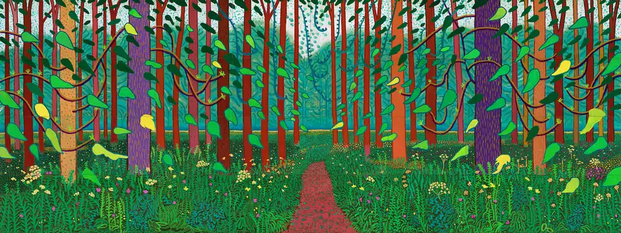 David Hockney's 'The Arrival of Spring in Woldgate' – a painting of the woods, with a path going through the middle.