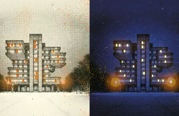 Split image of a modernist building shown in daytime on the left and nighttime on the right.