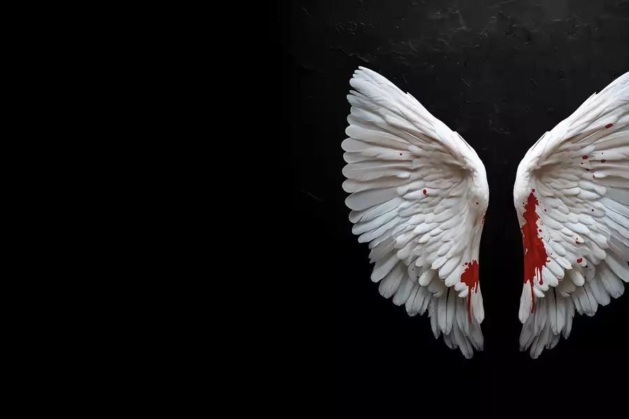 A pair of white angel wings displayed against a dark, black background. The lower parts of the wings are stained with vivid red, resembling blood splatter.