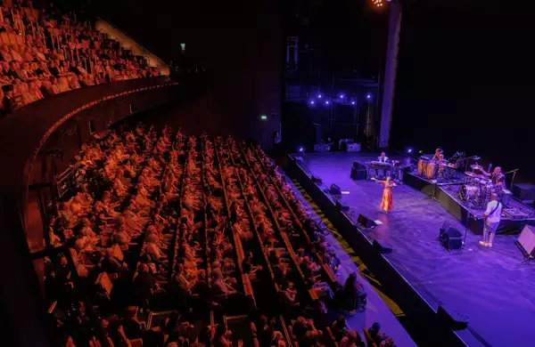 Photo of Angelique Kidjo performing on stage and audience watching