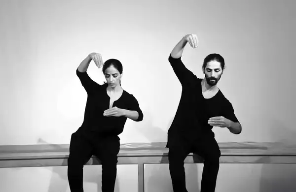 Black and white photo of Selma and Sofiane Ouissi performing