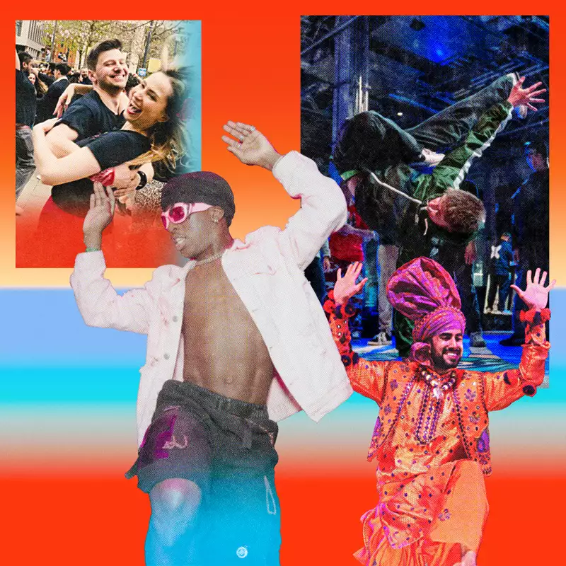 Collage of people engaging in four different styles of dancing: Hip Hop, Carnival, Salsa and Bhangra. The background is a red and blue gradient.