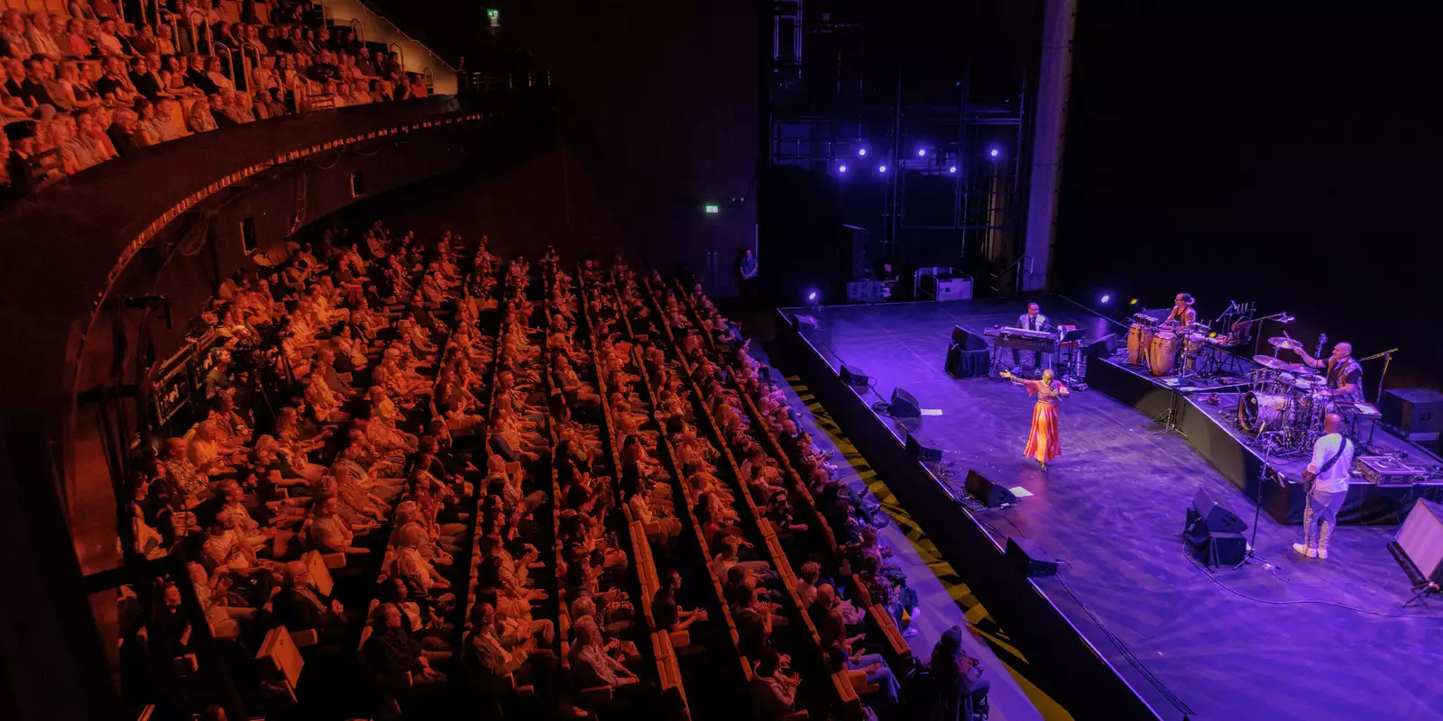 Photo of Angelique Kidjo performing on stage and audience watching