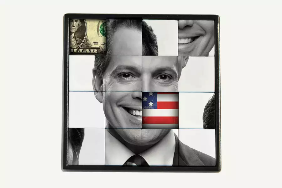 A tiled composite portrait of a smiling Anthony Scaramucci, mixed with U.S. flag and dollar bill elements.