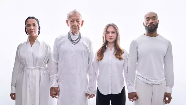 Ian McKellen, Golda Rosheuvel, Arinzé Kene and Rosie Sheehy stood in a line wearing white on a white background