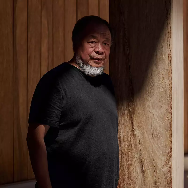 Ai Weiwei wearing a black t-shirt, stood in front of a wooden backdrop. There is a shadow across his face.