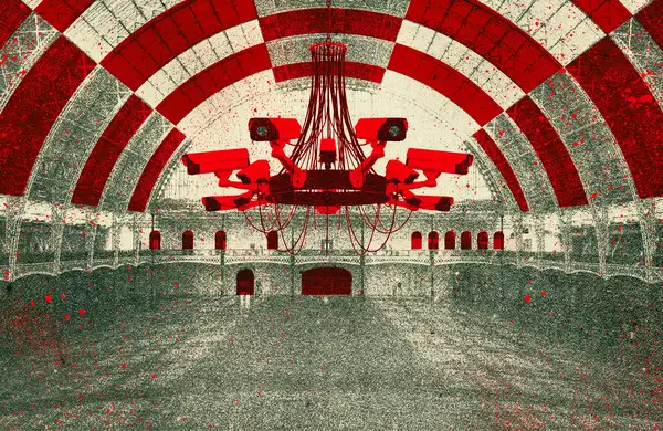 Surveillance cameras suspended over a large hall beneath red-and-white concentric arches.