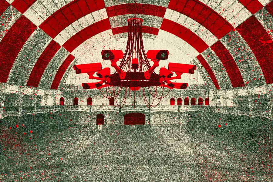 Surveillance cameras suspended over a large hall beneath red-and-white concentric arches.