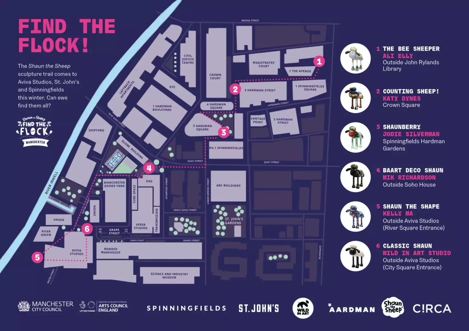 A map showing the locations of the Find the Flock sculpture trail across Spinningfields and St. Johns