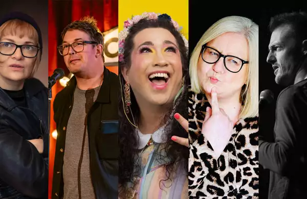 Composite image of the five performers at Crippled with Laughter