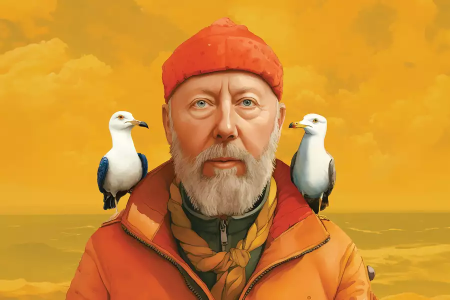 An illustration of Richard Thompson wearing an orange outfit with two birds on his shoulders – on a yellow background