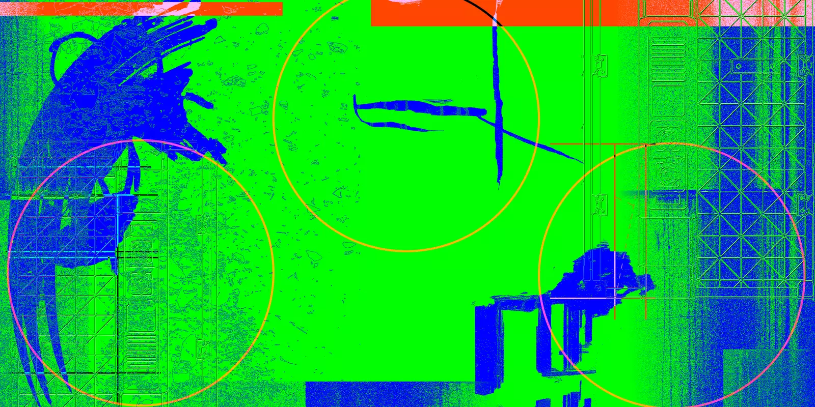Abstract blocks and brushstrokes of colour in red, green and blue