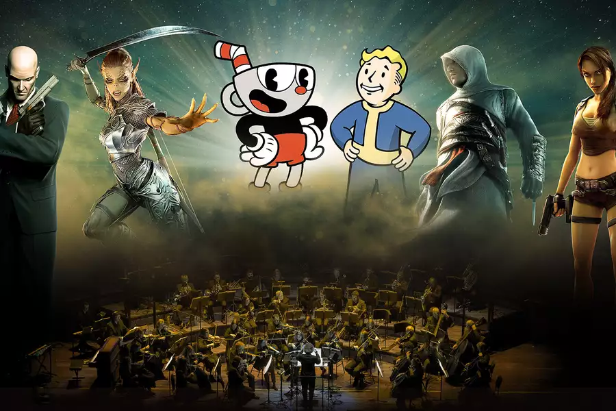 Six figures from BAFTA Award-winning games placed above a live orchestra