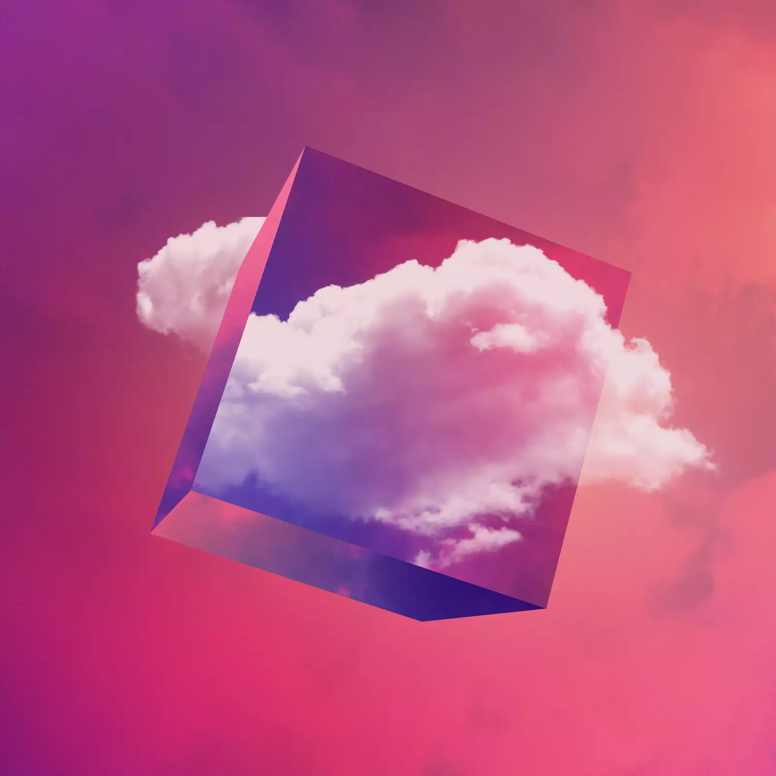 Dream Space podcast artwork, a transparent cube in front of purple hazed clouds.