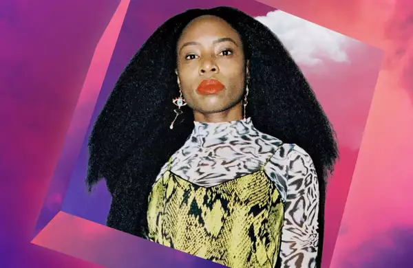 The artist Jenn Nkiru against a pastel purple cloud background