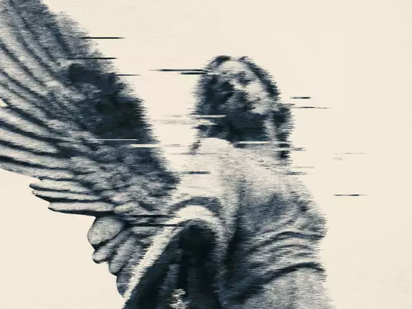Glitch-style monochrome portrait of an angel with wings