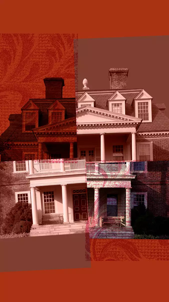 Artwork for In the Ruins of the Big House. The image features a collage of a historical brick mansion with a large columned porch, divided into four parts. The sections appear in varied tones of red, sepia, and black-and-white, giving it a layered, abstract effect.