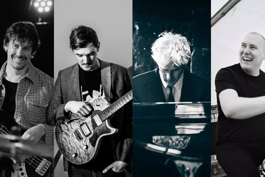 Black-and-white collage of four male musicians from Northern Lights Quartet, shown playing bass, guitar, piano and drums.