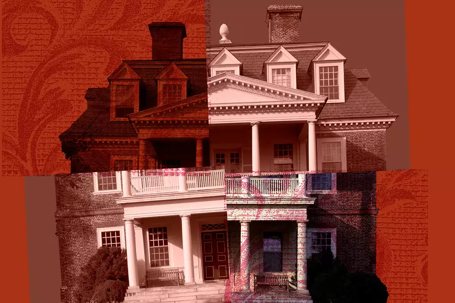 Artwork for In the Ruins of the Big House. The image features a collage of a historical brick mansion with a large columned porch, divided into four parts. The sections appear in varied tones of red, sepia, and black-and-white, giving it a layered, abstract effect.