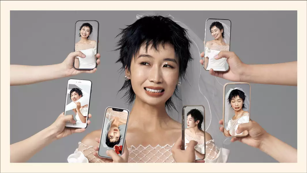 Xiao Lu dressed as a bride with a nervous smile. She is surrounded by hands holding smartphones, each displaying different, more polished or exaggerated images of her. The contrast highlights the difference between reality and digital portrayals.