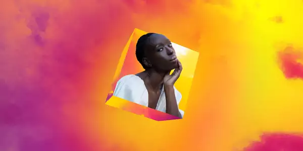 Eunice Olumide headshot floating on the Dream Space pink and yellow background