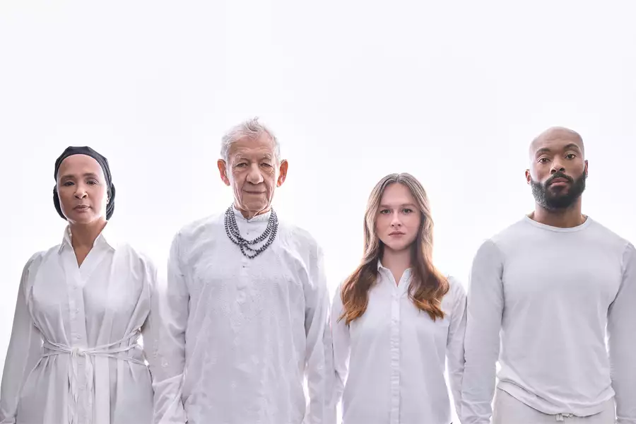 Ian McKellen, Golda Rosheuvel, Arinzé Kene and Rosie Sheehy stood in a line wearing white on a white background