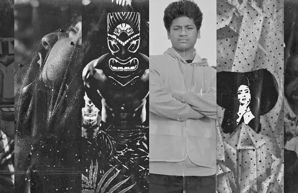 Black and white collage of stills from films showing as part of Diaspora Rendered