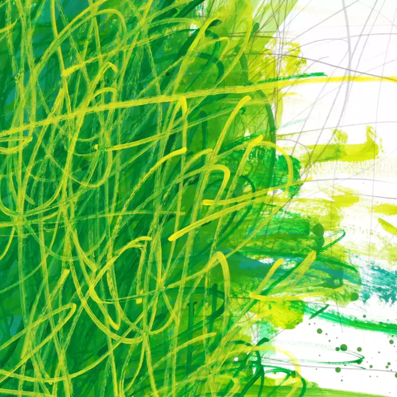 Artwork by Michael Beard showing lies on a white background, which are different shades of green and yellow