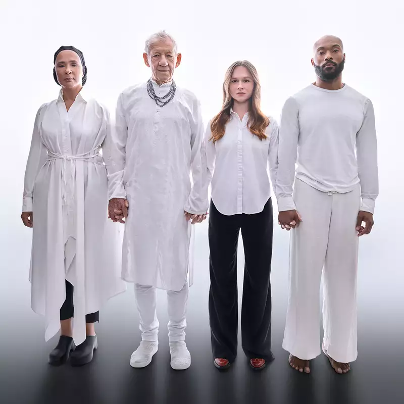 Ian McKellen, Golda Rosheuvel, Arinzé Kene and Rosie Sheehy stood in a line wearing white on a white background