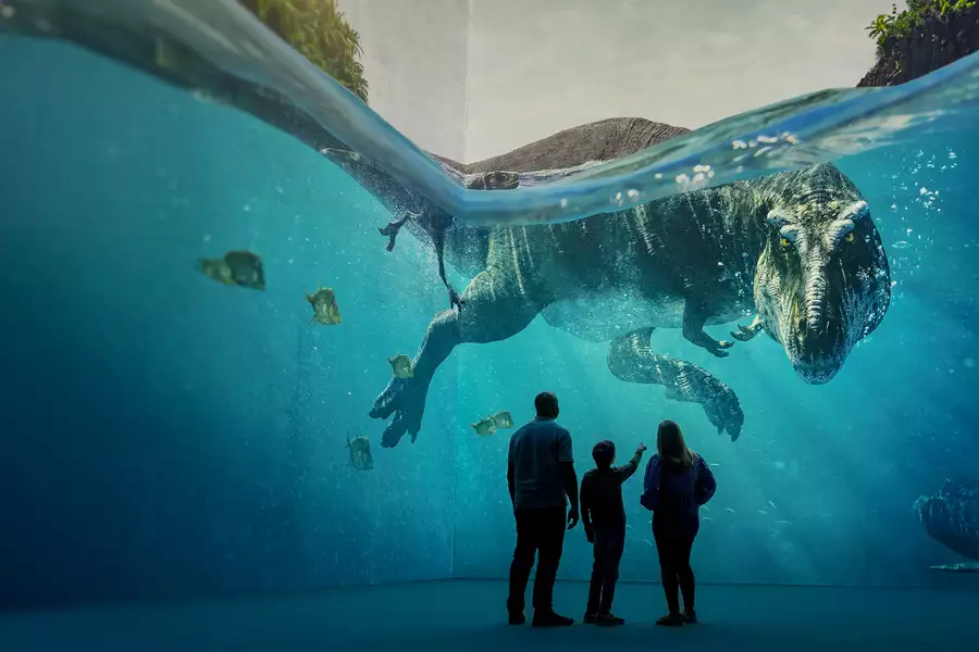 Three people looking at a giant dinosaur swimming in Lightroom