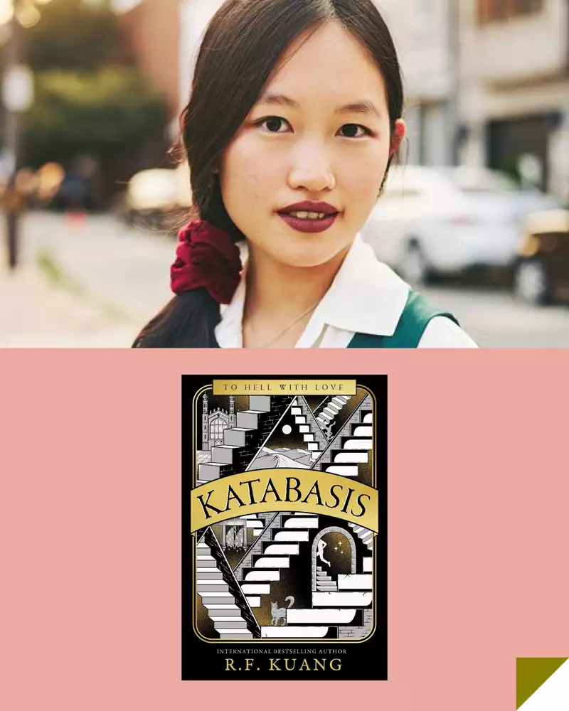 Composite image of Rebecca F Kuang and an image of her new book 'Katabasis' with the tagline 'To Hell With Love' on a light pink background