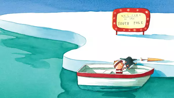 An illustration from Lost and Found of a boy and a penguin in a boat at the South Pole