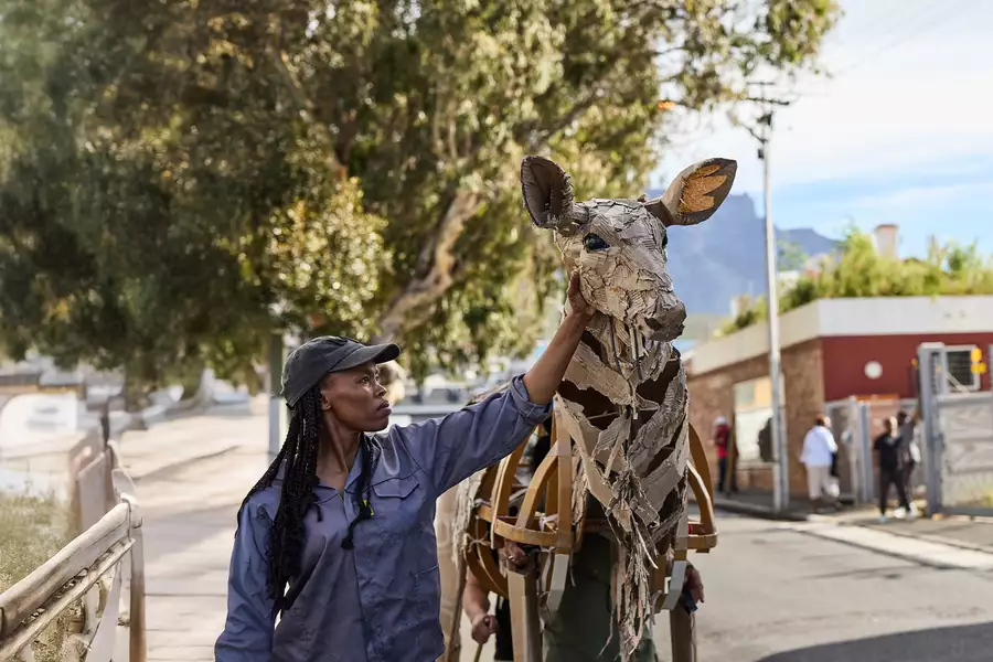A woman in a cap touches the head of a life-sized giraffe puppet made from cardboard and wood, as part of The Herds. The background shows an urban environment with people watching and a scenic view of trees and mountains.