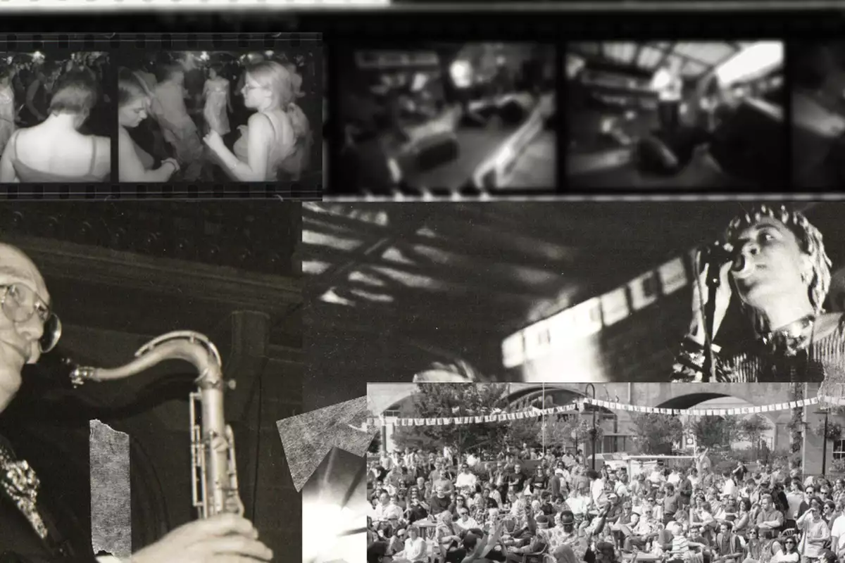 A black and white collage of pictures from manchester jazz festival featuring jazz musicians, singers, dancers, and a bustling outdoor crowd.