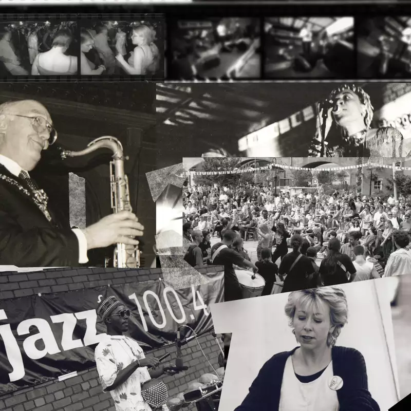 A black and white collage of pictures from manchester jazz festival featuring jazz musicians, singers, dancers, and a bustling outdoor crowd.