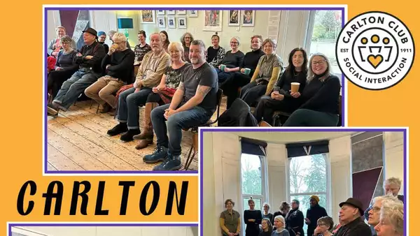 A collage of pictures of the Carlton Club Choir on a yellow background with the Carlton Club logo in the right hand corner