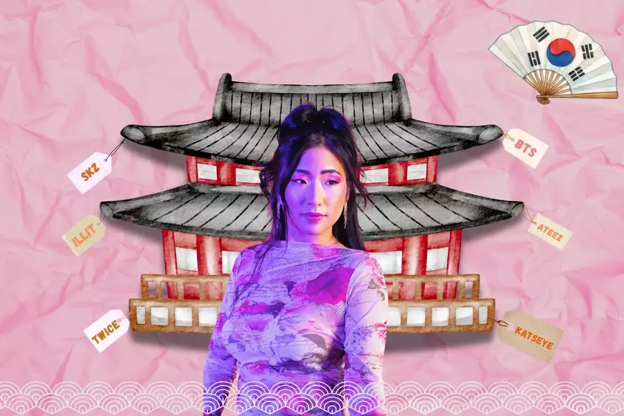 A woman stands in front of a traditional Korean building on a pink paper-textured background, with a South Korean flag fan and tags featuring K-pop groups including BTS, Stray Kids, TWICE, ATEEZ, ILLIT, and KATSEYE.