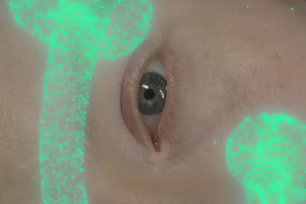 A close up of an eye from Tai Shani's Neon Hieroglyph