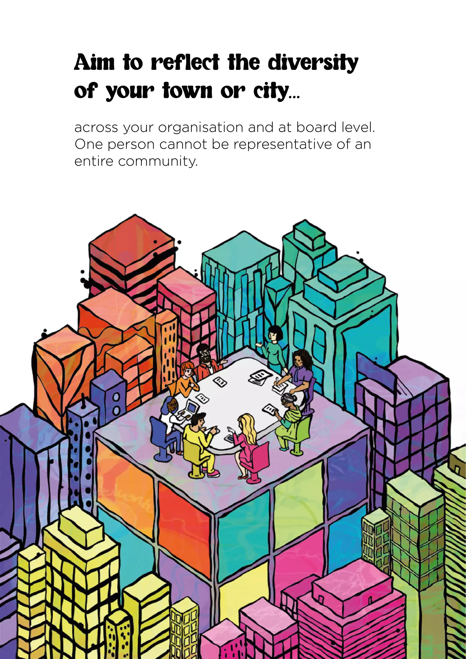 Text: “Aim to reflect the diversity of your town or city across your organisation and at board level. One person cannot be representative of an entire community.” The illustration is of brightly coloured skyscraper buildings seen from above. On top of the largest, central building, a diverse group of 8 people sit or stand around a board room table with papers and devices in front of them.