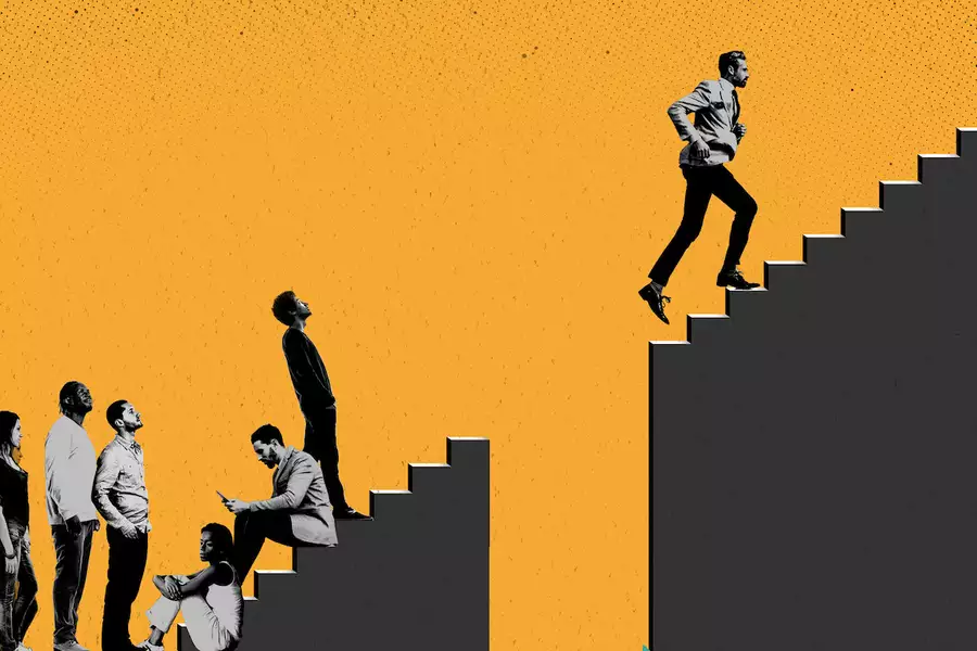 A group of people cannot climb a staircase because of missing steps while one man climbs ahead of them